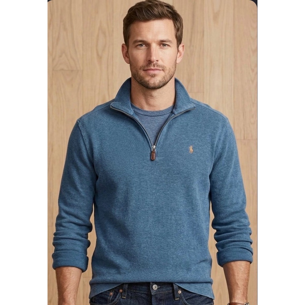 Polo Ralph Lauren Quarter Zip Pullover Blue Cotton Sweater Mens Size M